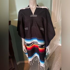 Black Serape Wool Poncho with Vibrant Stripes- Authentic Mexico O/S